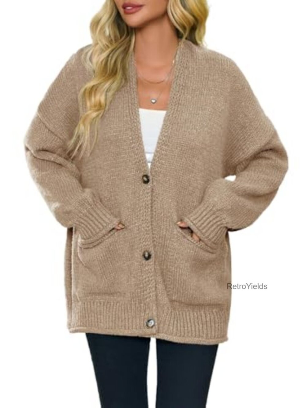 Chunky V Neck Button Down Knit Cardigan Sweater with Pockets